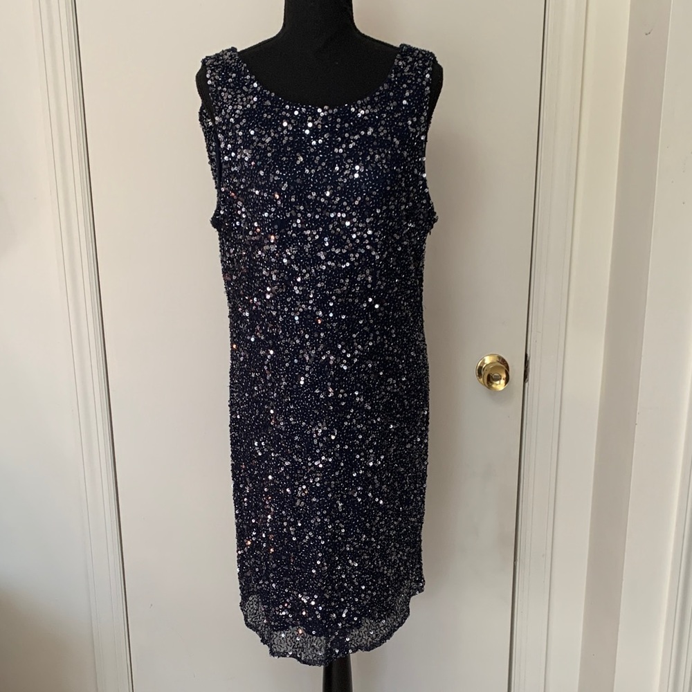 Pizarro Nights Elegant Dark Blue Sequin Dress Size 14 - Picture 5 of 17